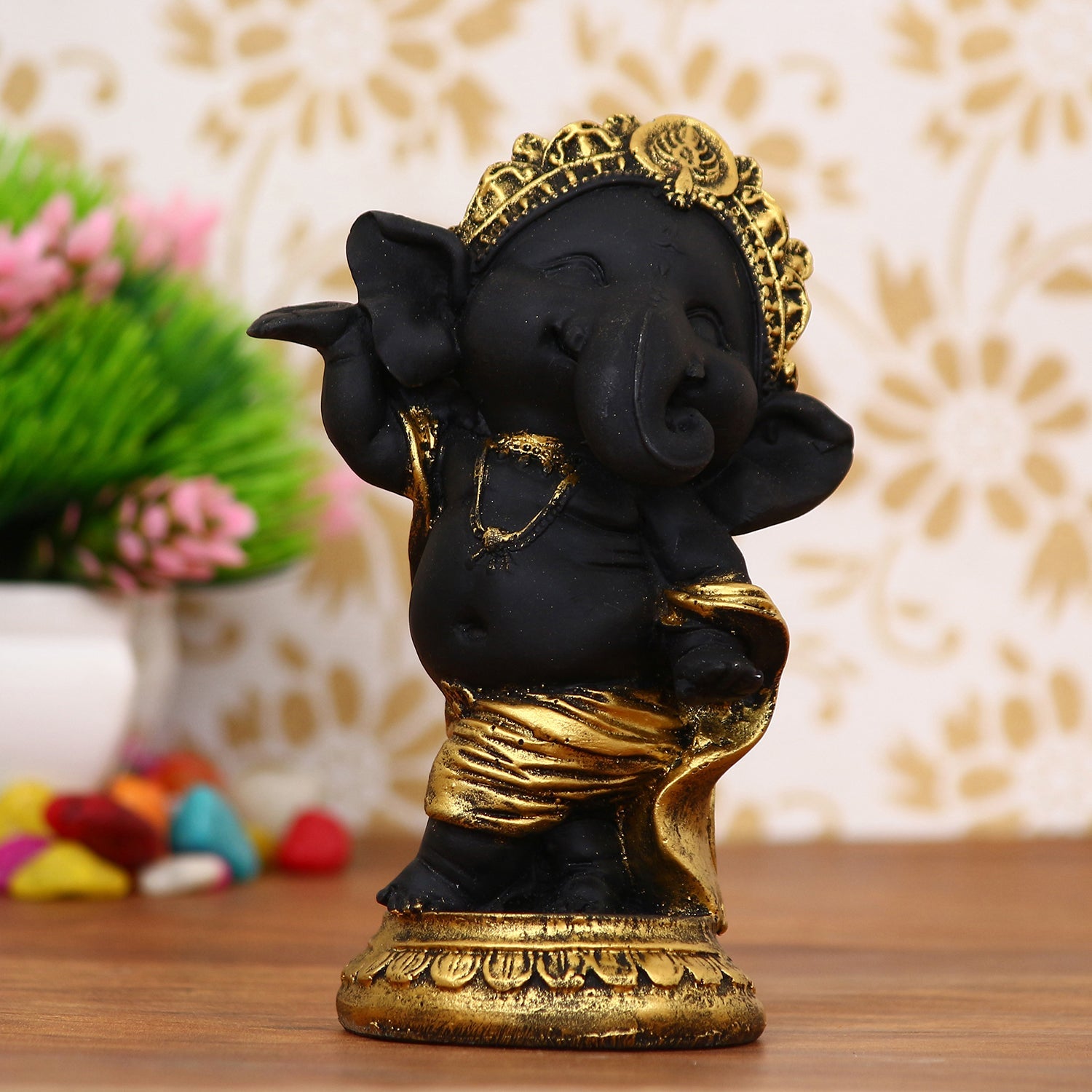 Golden And Black Lord Ganesha Idol In Dancing Avatar Decorative Showpiece Kafalo
