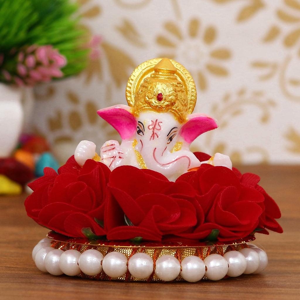 Lord Ganesha Idol on Decorative Handcrafted Plate with Red Flowers Kafalo