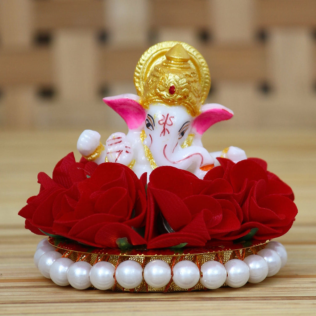 Lord Ganesha Idol on Decorative Handcrafted Plate with Red Flowers Kafalo