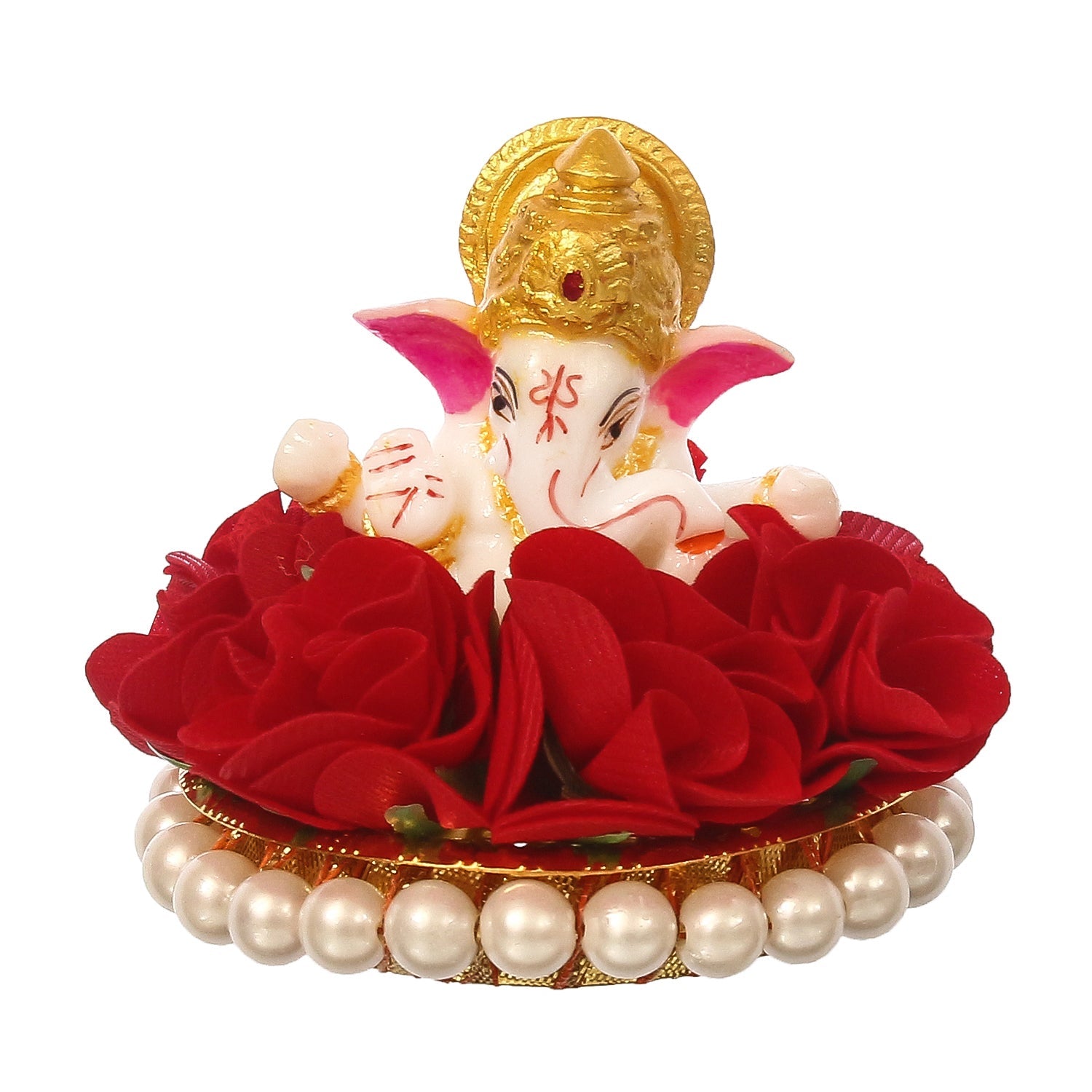 Lord Ganesha Idol on Decorative Handcrafted Plate with Red Flowers Kafalo