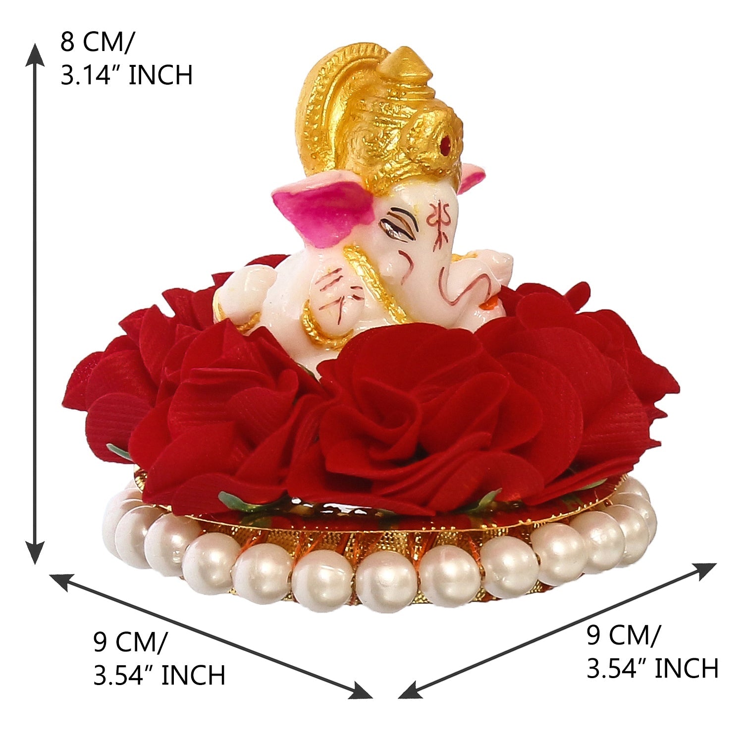 Lord Ganesha Idol on Decorative Handcrafted Plate with Red Flowers Kafalo
