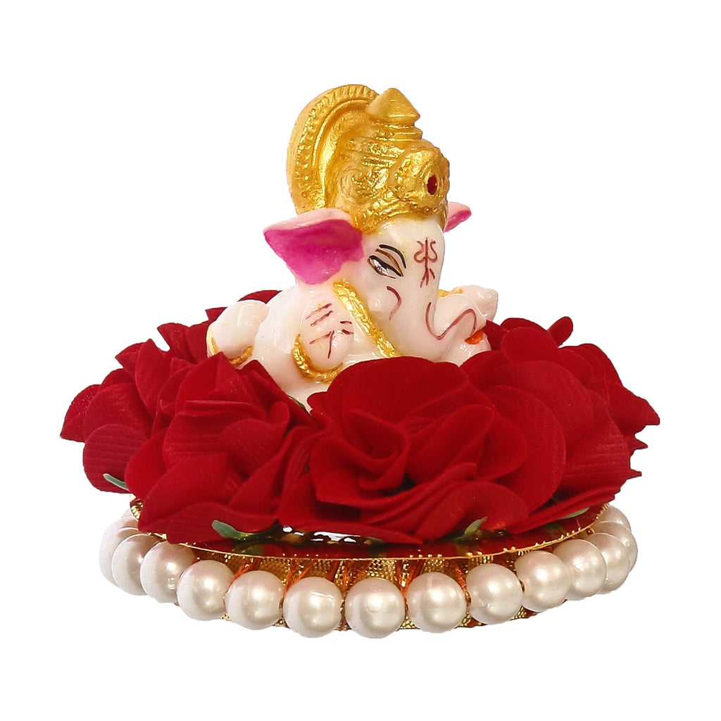 Lord Ganesha Idol on Decorative Handcrafted Plate with Red Flowers Kafalo