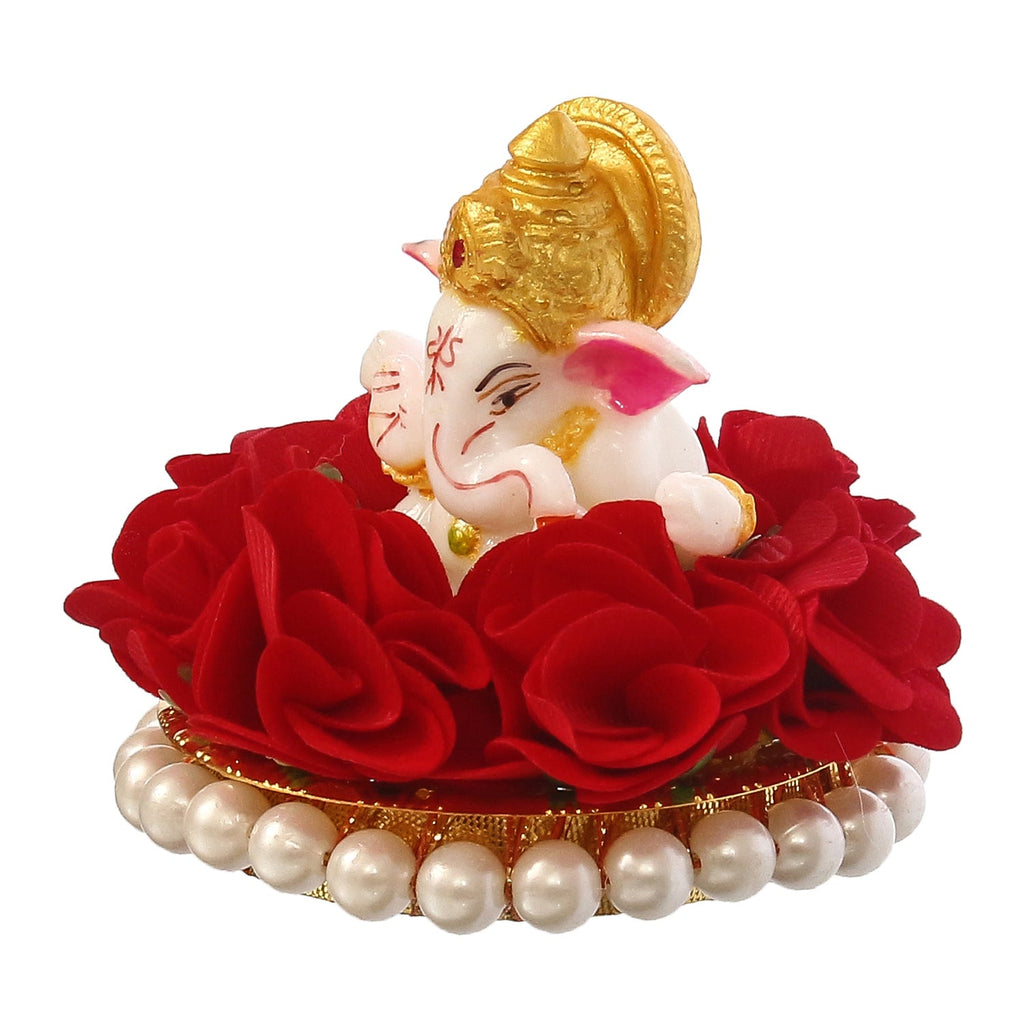Lord Ganesha Idol on Decorative Handcrafted Plate with Red Flowers Kafalo