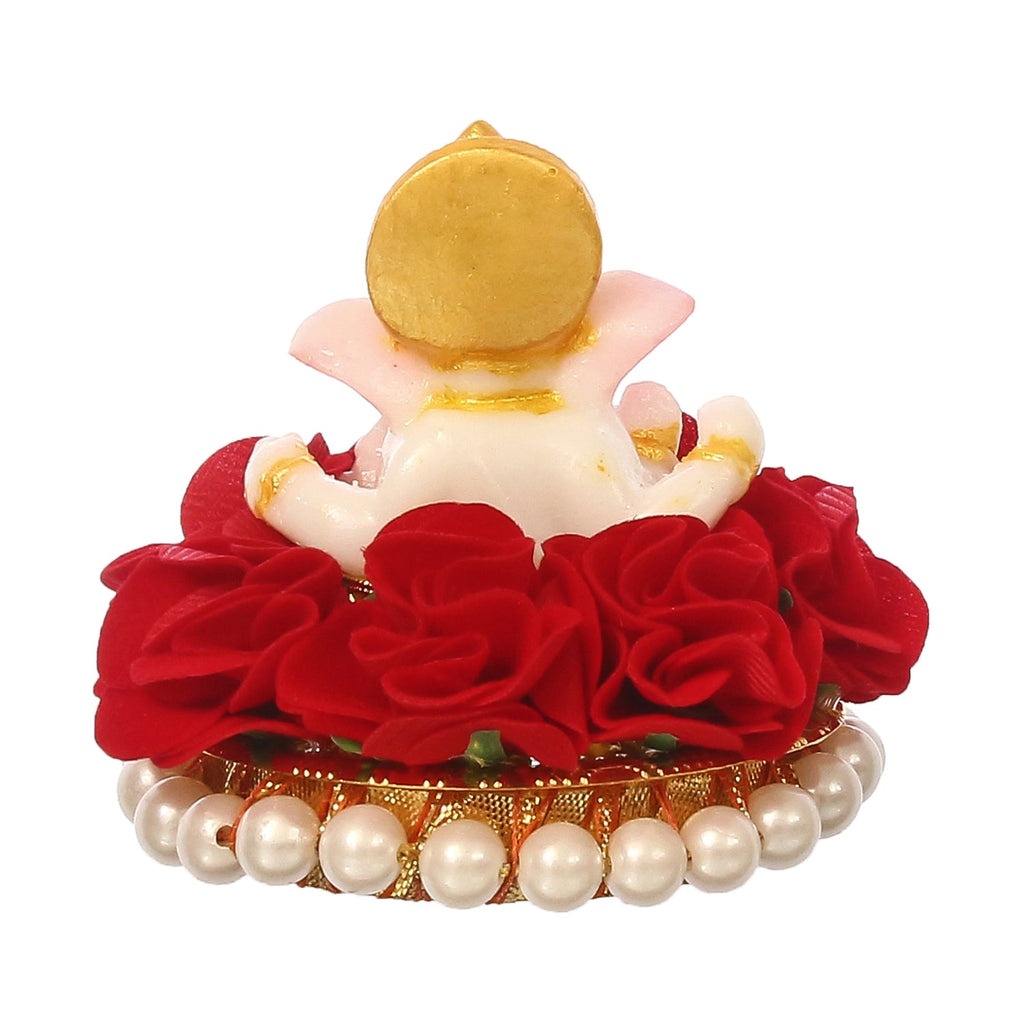 Lord Ganesha Idol on Decorative Handcrafted Plate with Red Flowers Kafalo