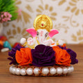 Lord Ganesha Idol On Decorative Handcrafted Orange And Purple Flowers Plate Kafalo