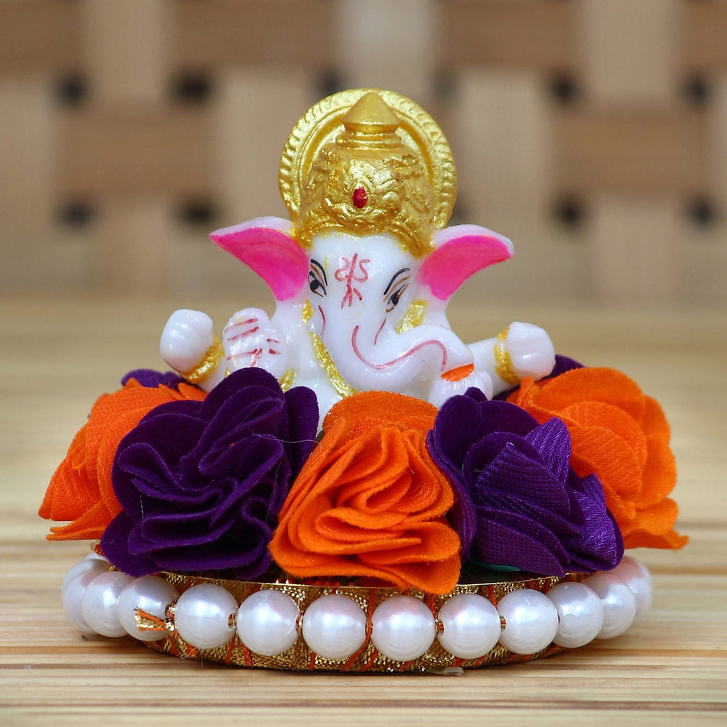 Lord Ganesha Idol On Decorative Handcrafted Orange And Purple Flowers Plate Kafalo