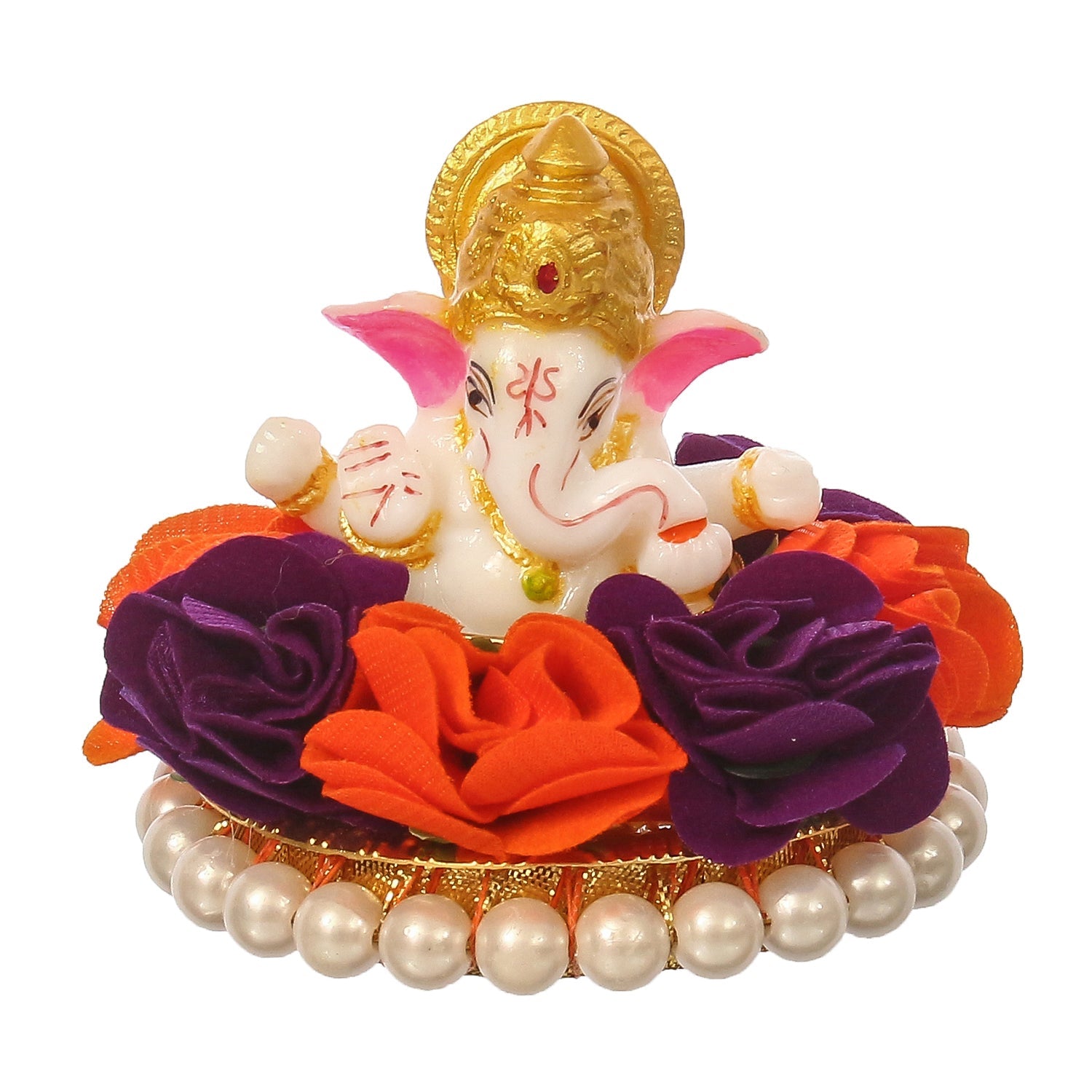 Lord Ganesha Idol On Decorative Handcrafted Orange And Purple Flowers Plate Kafalo