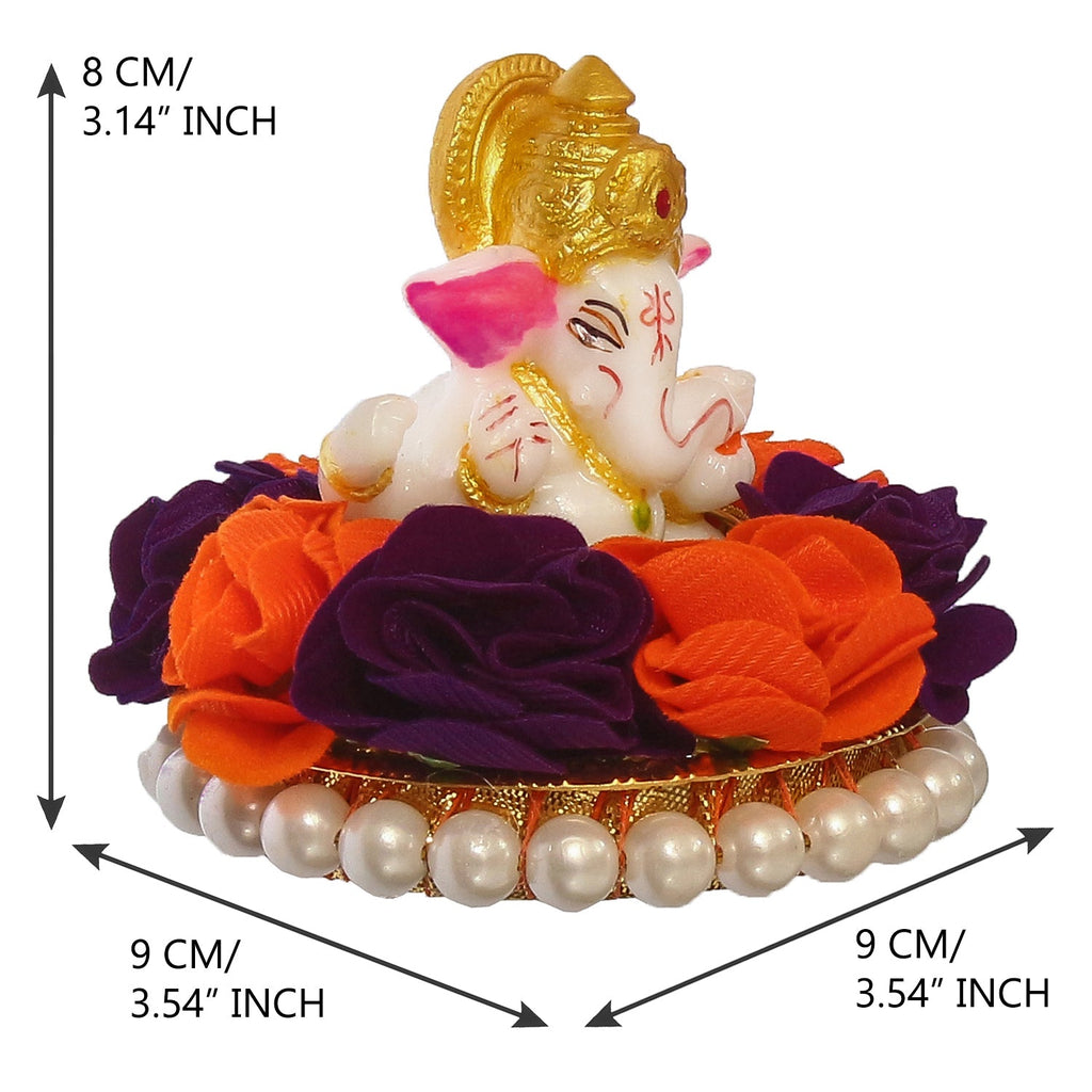Lord Ganesha Idol On Decorative Handcrafted Orange And Purple Flowers Plate Kafalo