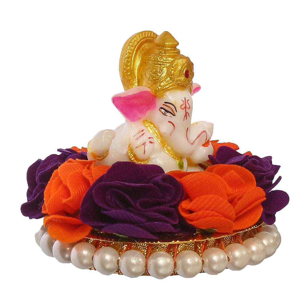 Lord Ganesha Idol On Decorative Handcrafted Orange And Purple Flowers Plate Kafalo