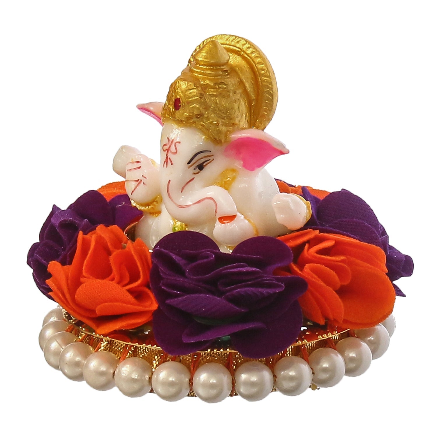 Lord Ganesha Idol On Decorative Handcrafted Orange And Purple Flowers Plate Kafalo