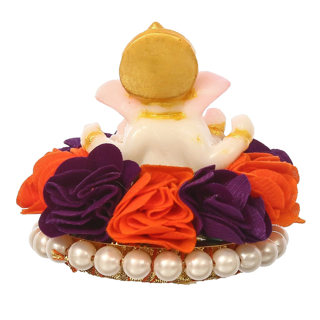 Lord Ganesha Idol On Decorative Handcrafted Orange And Purple Flowers Plate Kafalo