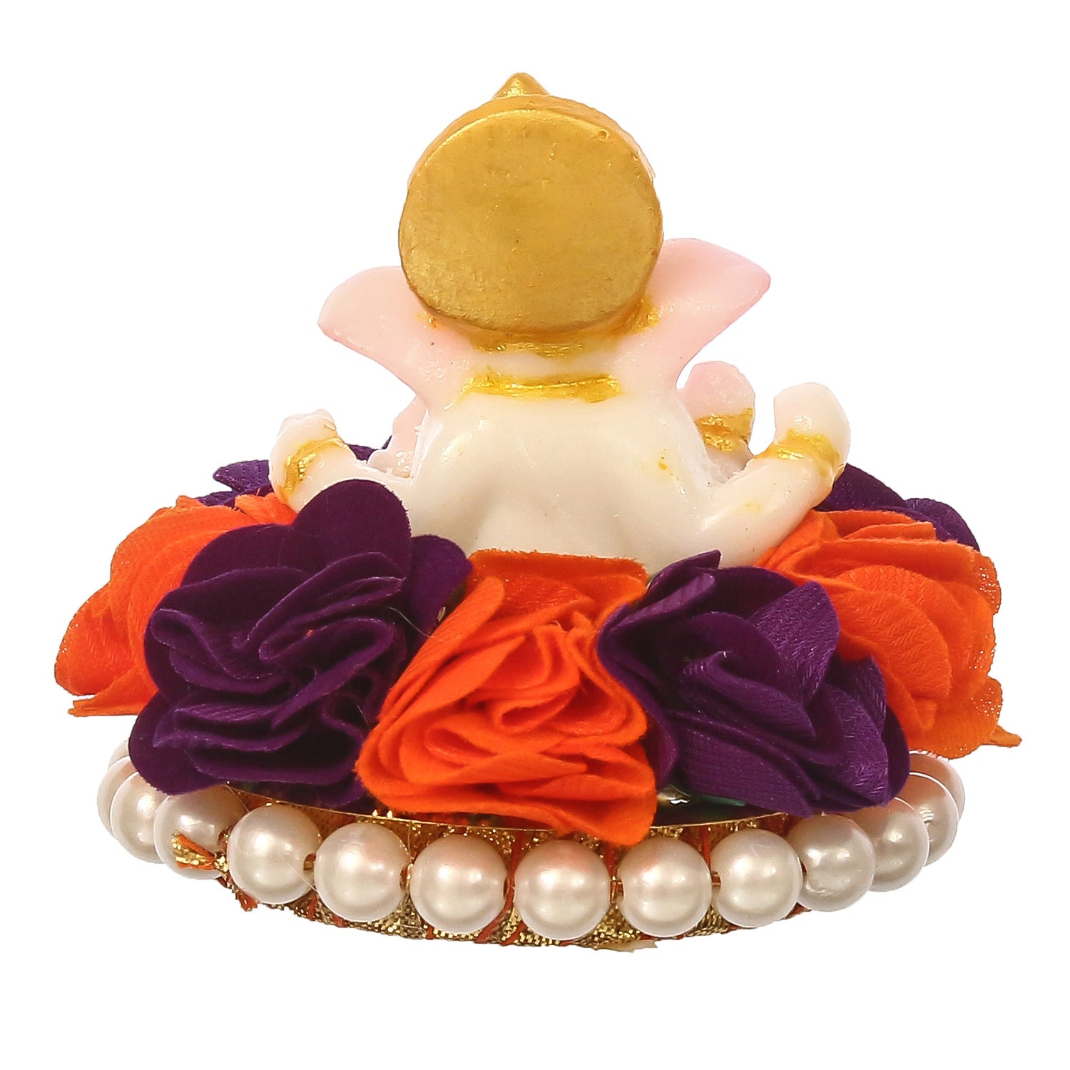 Lord Ganesha Idol On Decorative Handcrafted Orange And Purple Flowers Plate Kafalo