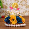 Lord Ganesha Idol on Decorative Handcrafted Plate with Yellow and Blue Flowers Kafalo