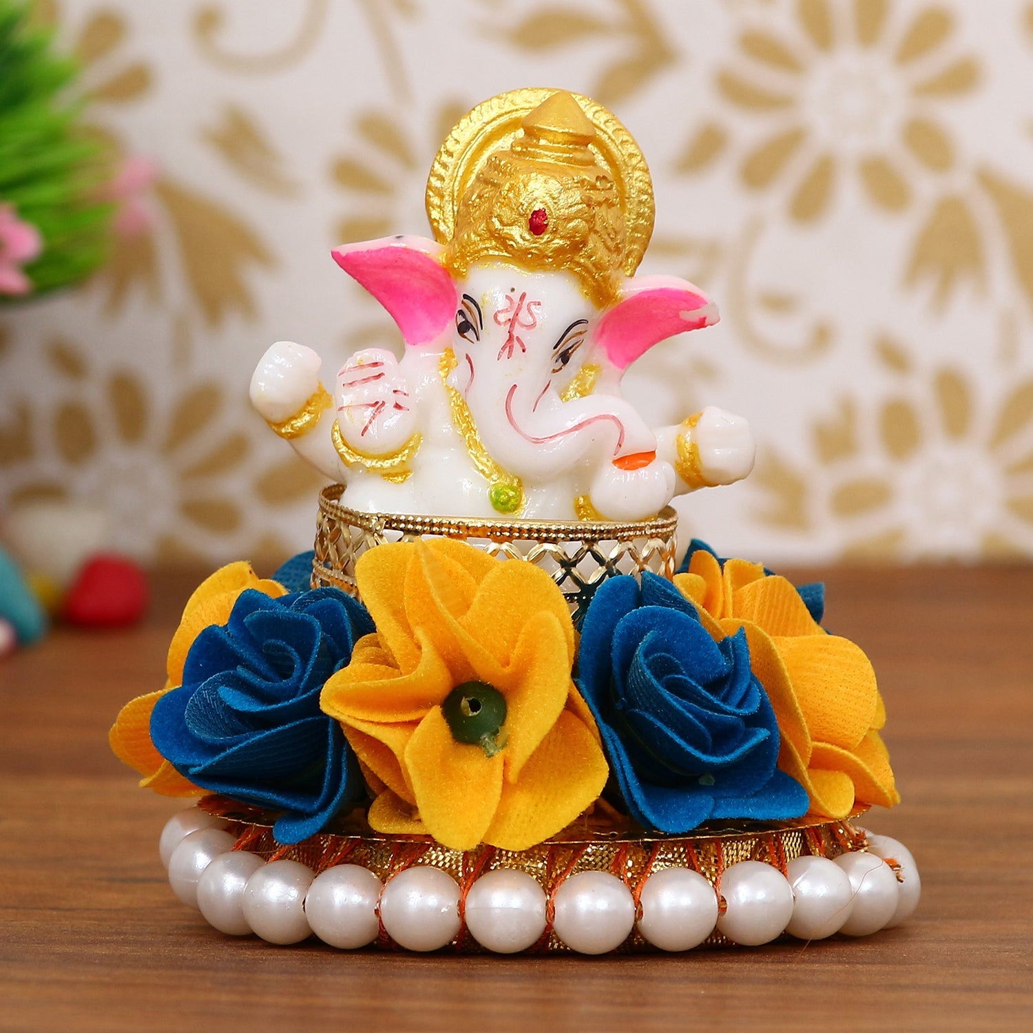 Lord Ganesha Idol on Decorative Handcrafted Plate with Yellow and Blue Flowers Kafalo