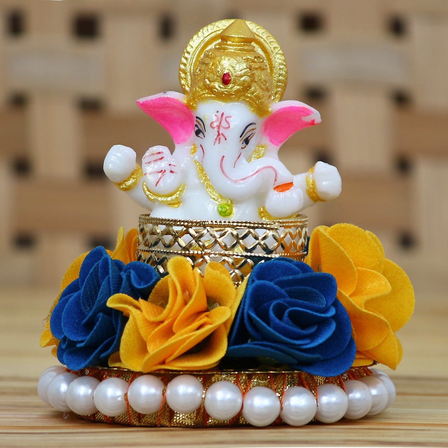 Lord Ganesha Idol on Decorative Handcrafted Plate with Yellow and Blue Flowers Kafalo