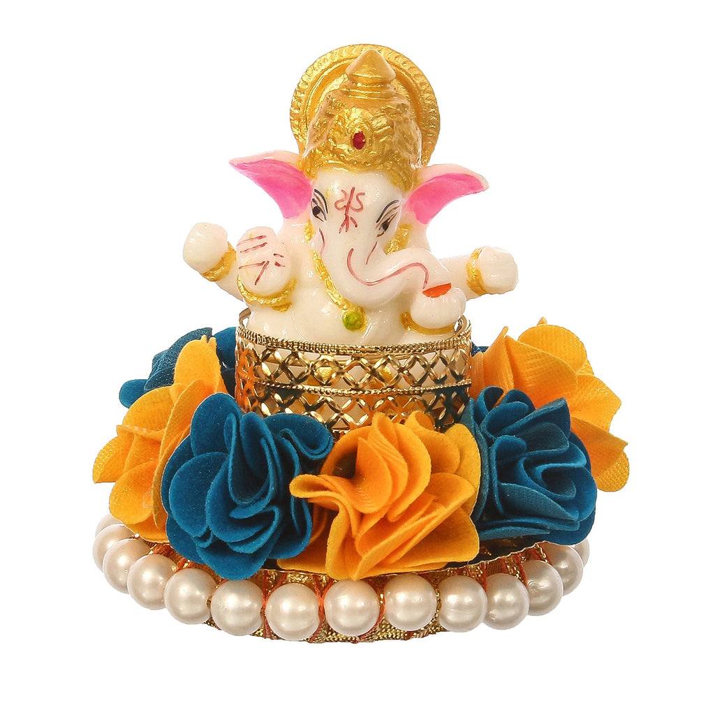 Lord Ganesha Idol on Decorative Handcrafted Plate with Yellow and Blue Flowers Kafalo