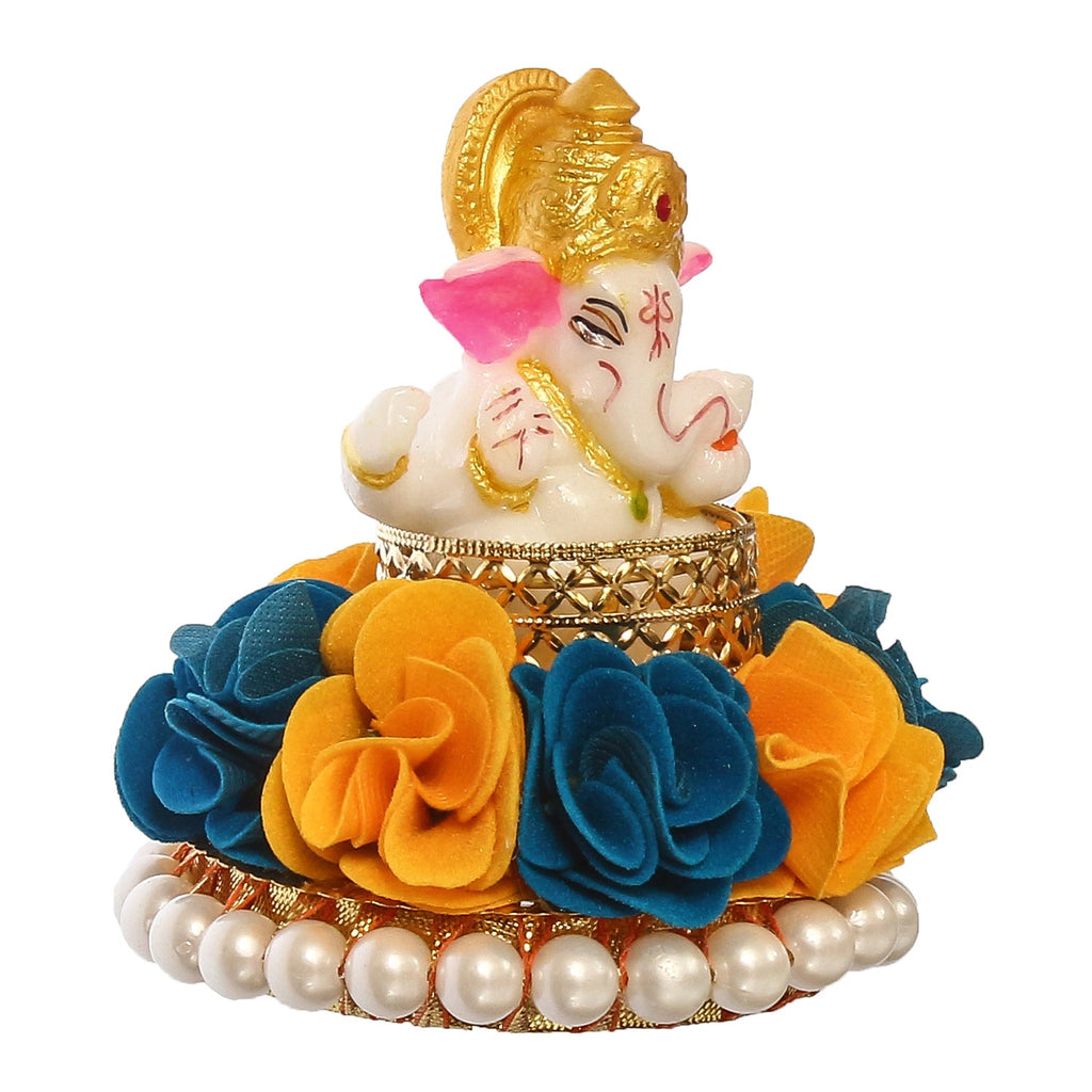 Lord Ganesha Idol on Decorative Handcrafted Plate with Yellow and Blue Flowers Kafalo