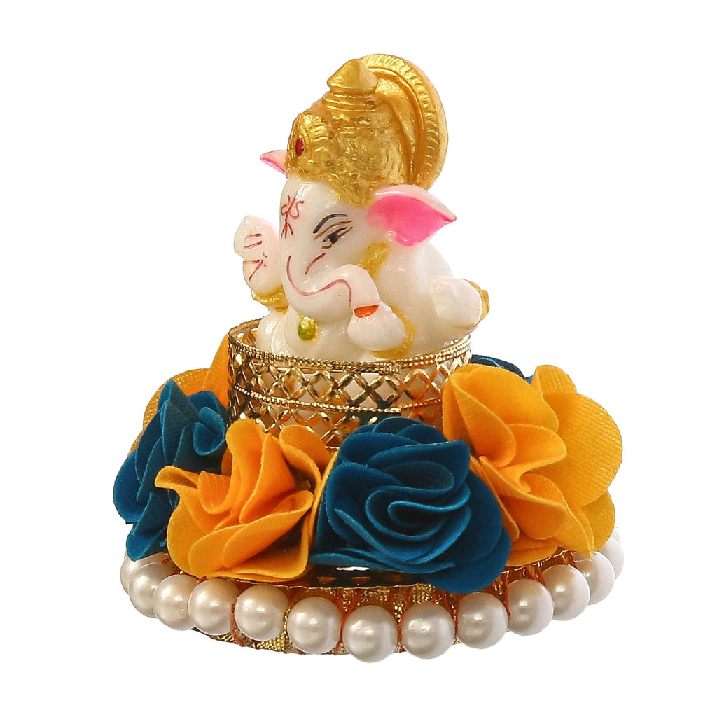 Lord Ganesha Idol on Decorative Handcrafted Plate with Yellow and Blue Flowers Kafalo