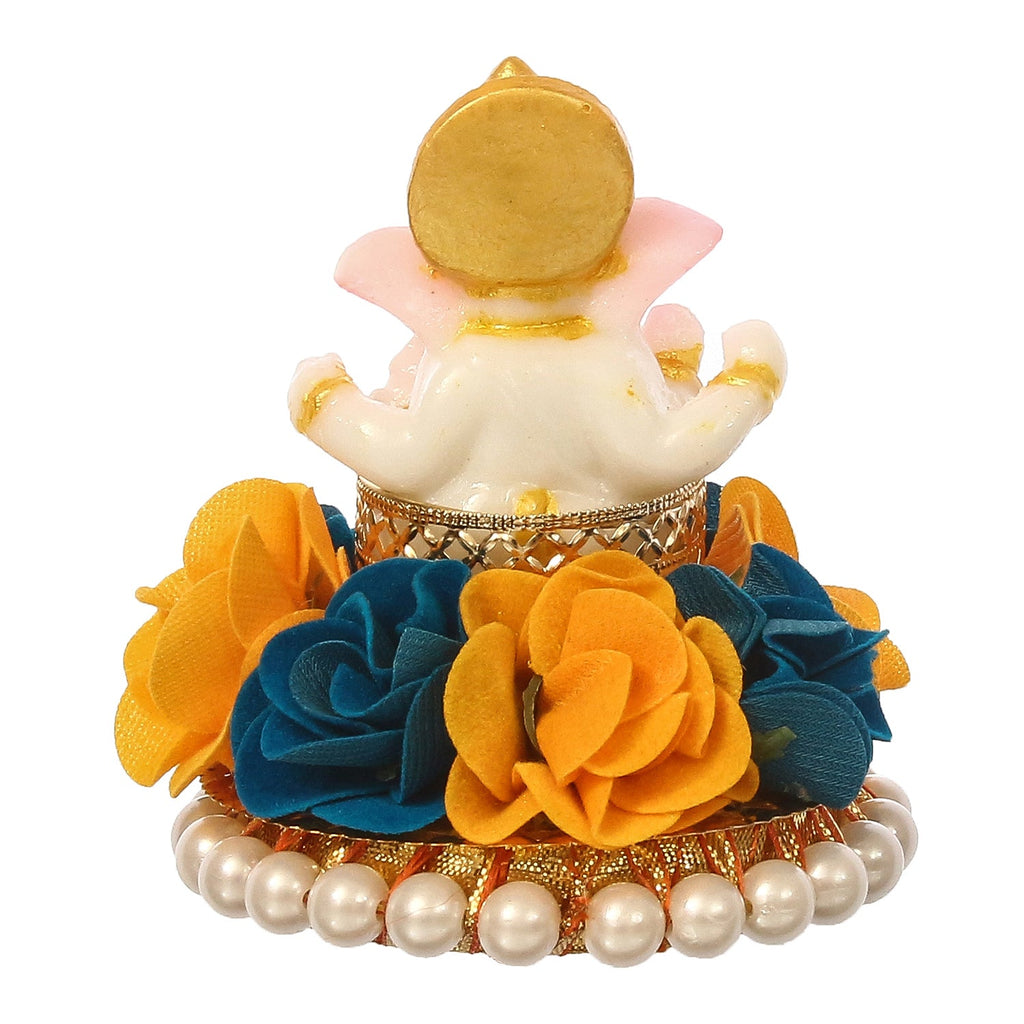 Lord Ganesha Idol on Decorative Handcrafted Plate with Yellow and Blue Flowers Kafalo