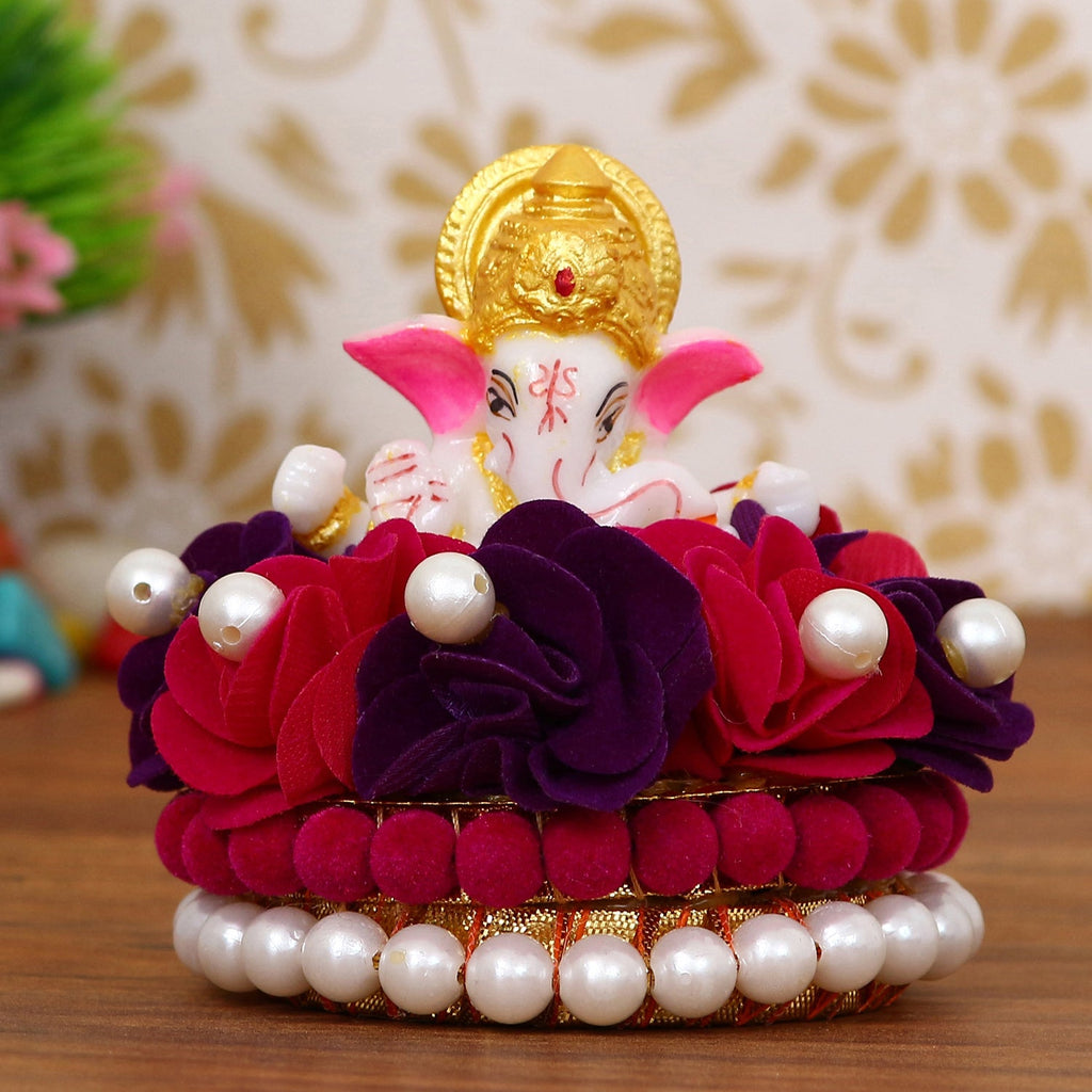 Lord Ganesha Idol On Decorative Handcrafted Red And Purple Flowers Plate Kafalo
