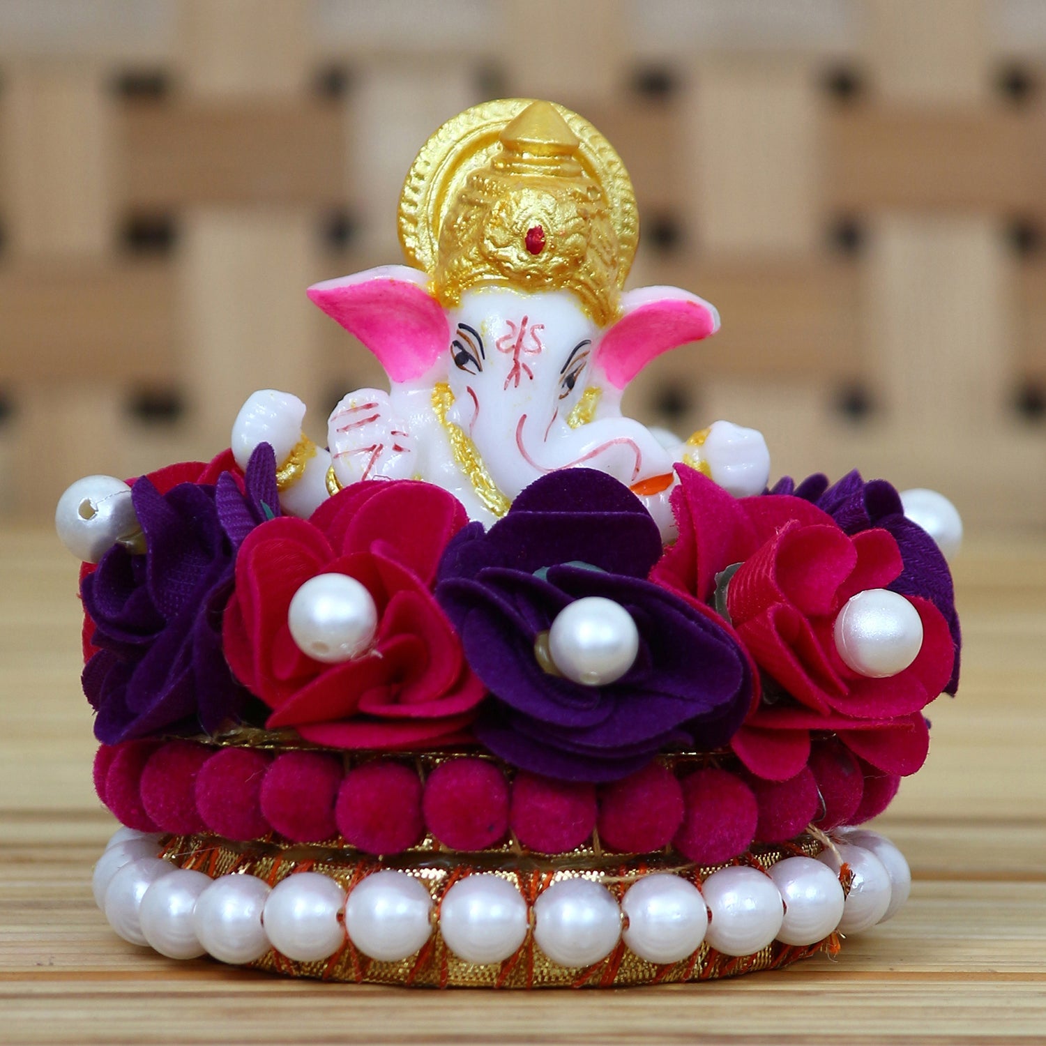 Lord Ganesha Idol On Decorative Handcrafted Red And Purple Flowers Plate Kafalo