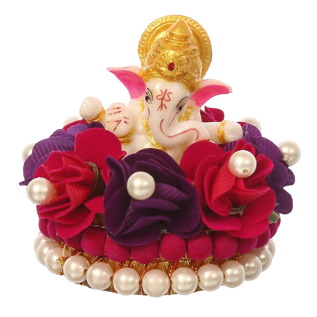 Lord Ganesha Idol On Decorative Handcrafted Red And Purple Flowers Plate Kafalo
