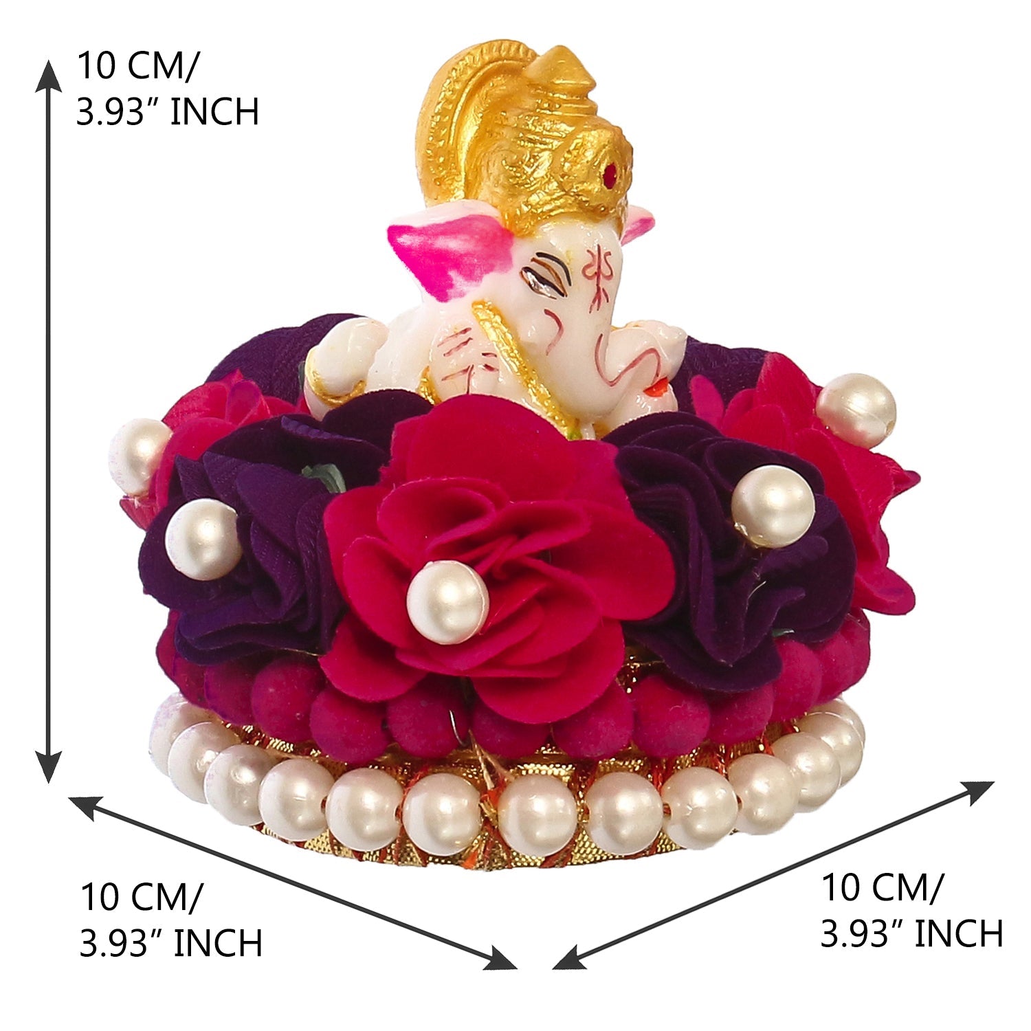Lord Ganesha Idol On Decorative Handcrafted Red And Purple Flowers Plate Kafalo