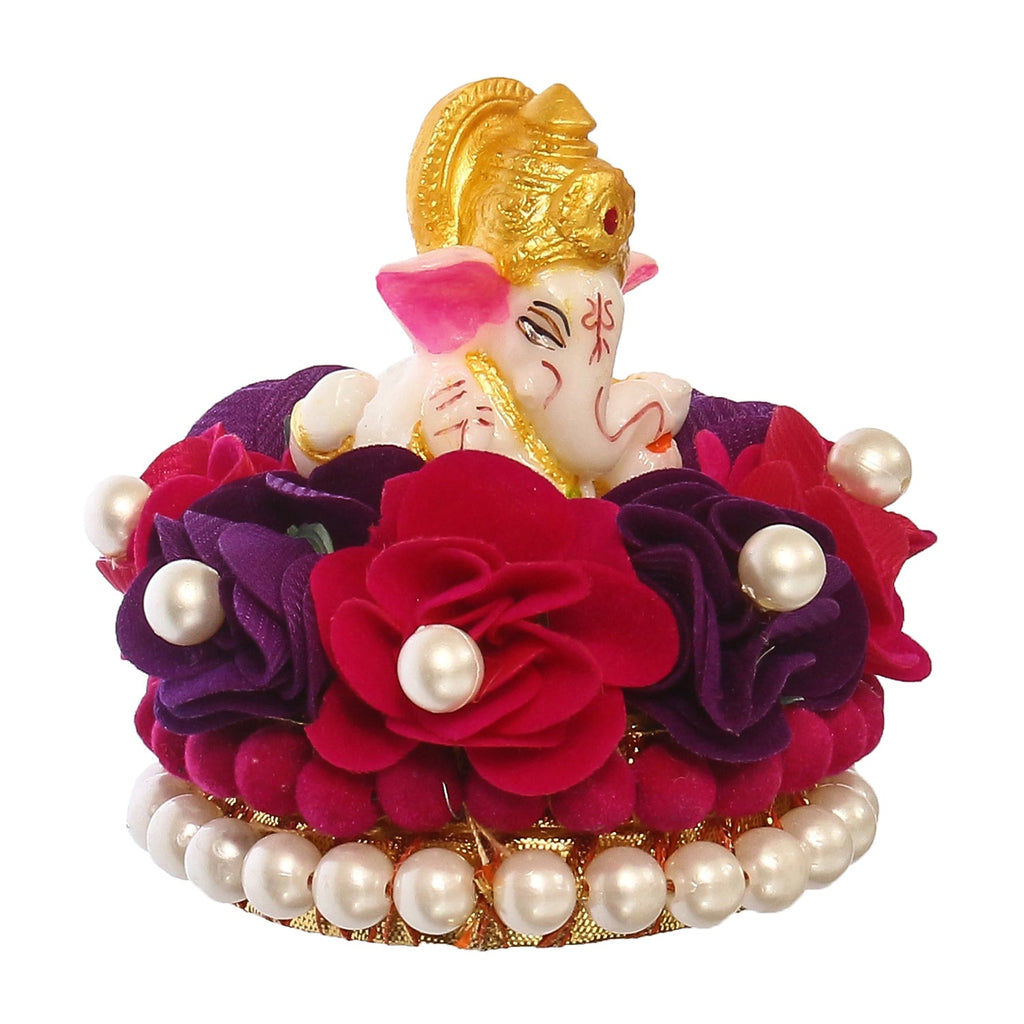 Lord Ganesha Idol On Decorative Handcrafted Red And Purple Flowers Plate Kafalo