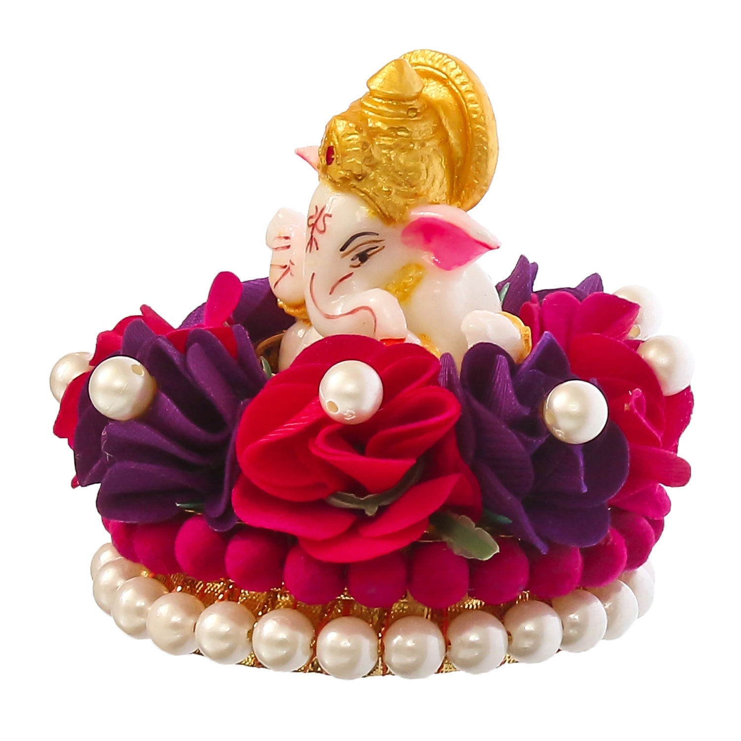 Lord Ganesha Idol On Decorative Handcrafted Red And Purple Flowers Plate Kafalo