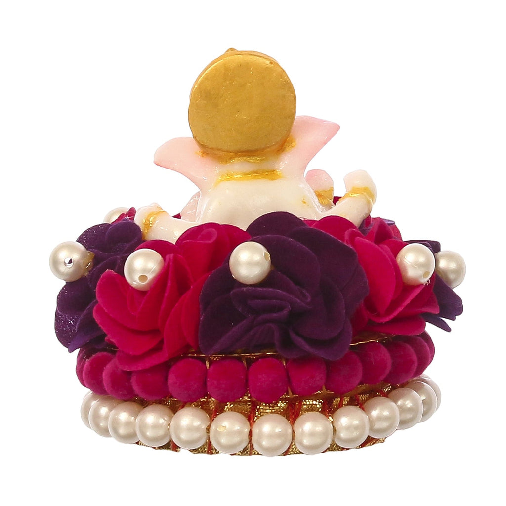 Lord Ganesha Idol On Decorative Handcrafted Red And Purple Flowers Plate Kafalo
