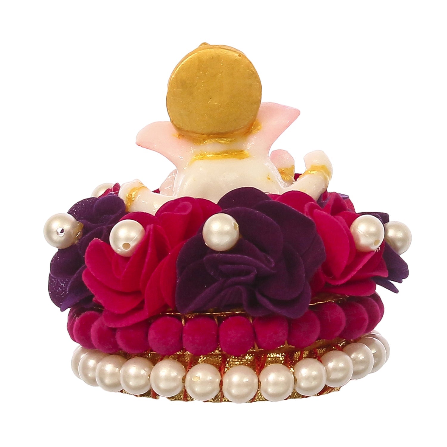 Lord Ganesha Idol On Decorative Handcrafted Red And Purple Flowers Plate Kafalo