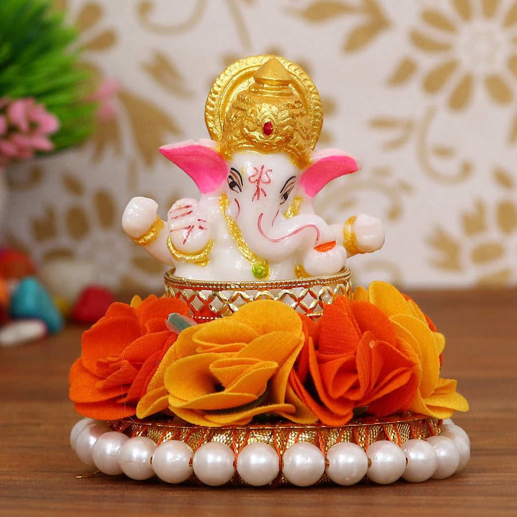 Lord Ganesha Idol On Decorative Handcrafted Orange And Yellow Flowers Plate Kafalo