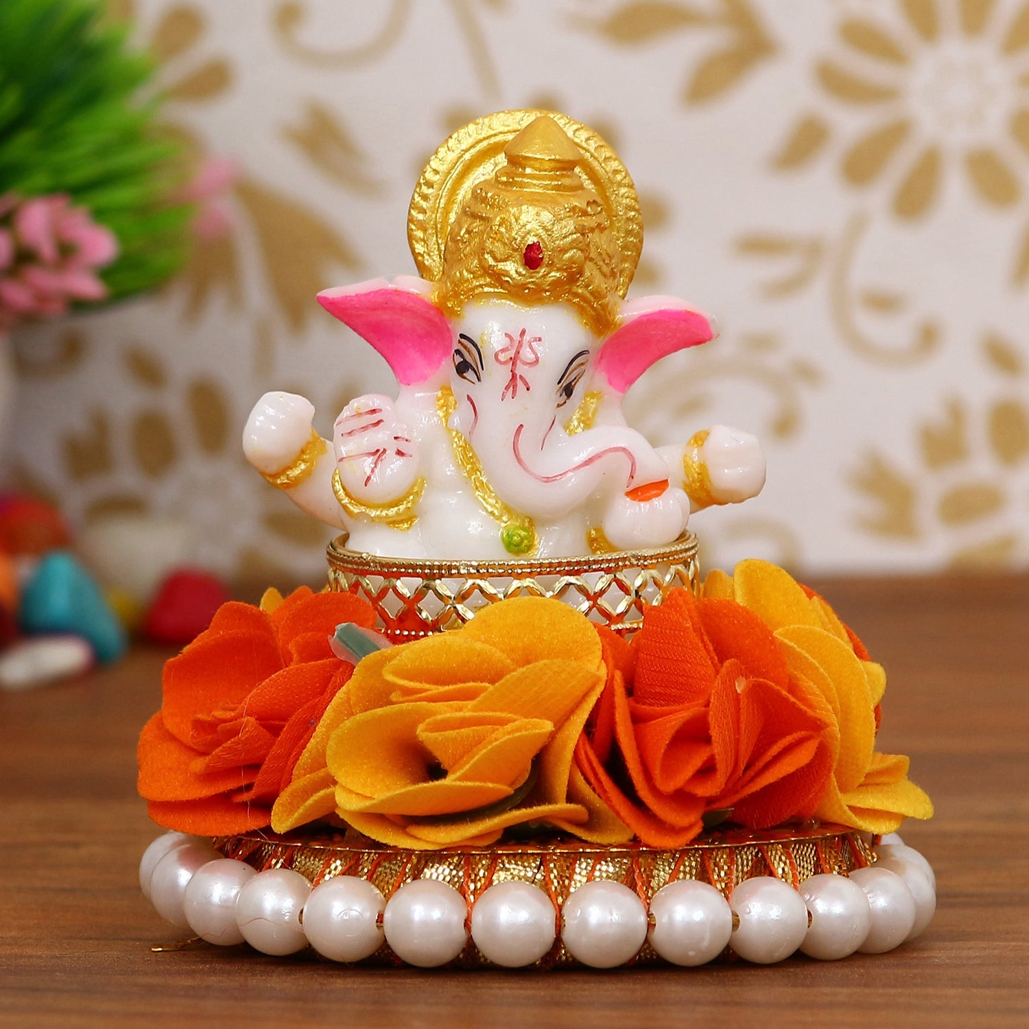 Lord Ganesha Idol On Decorative Handcrafted Orange And Yellow Flowers Plate Kafalo