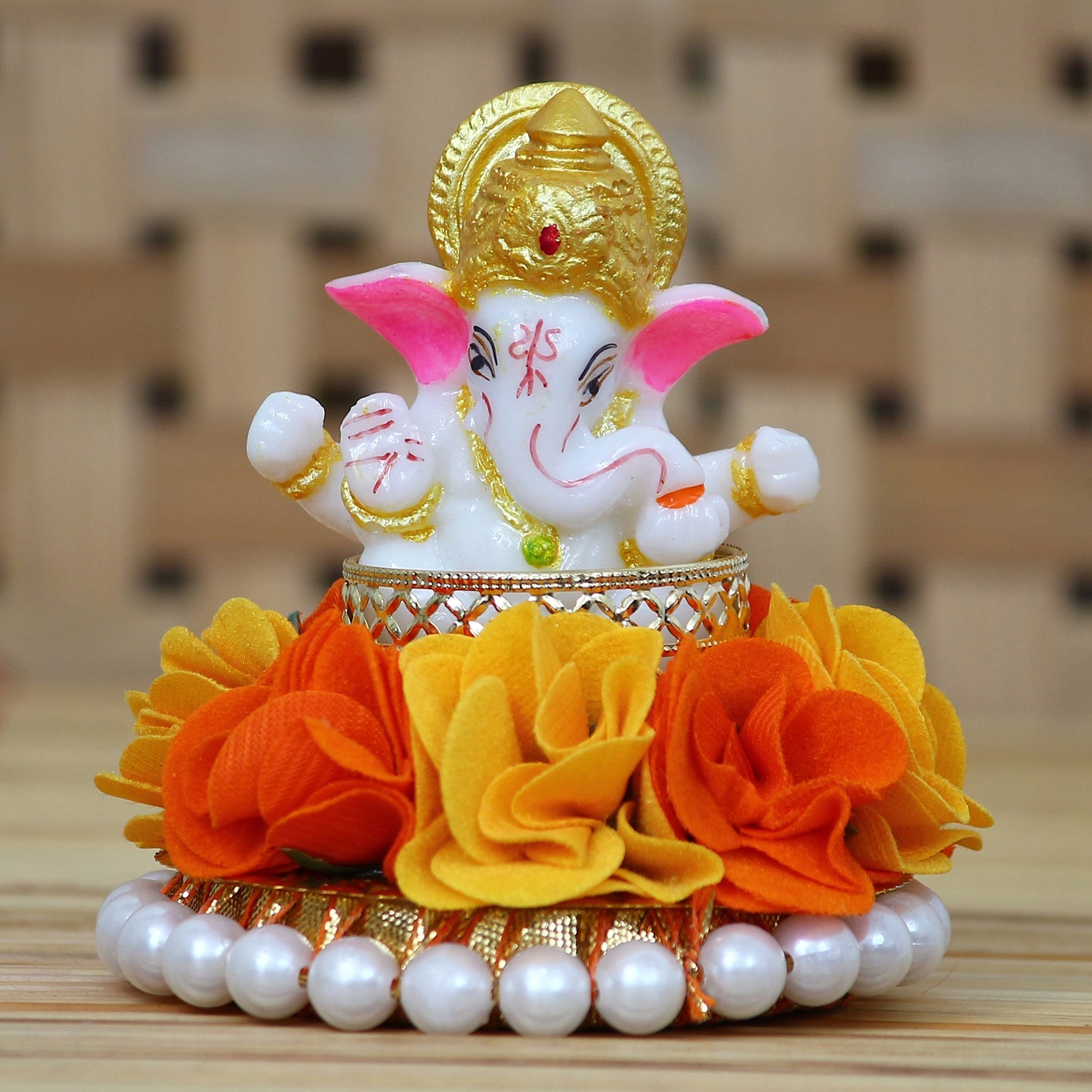 Lord Ganesha Idol On Decorative Handcrafted Orange And Yellow Flowers Plate Kafalo