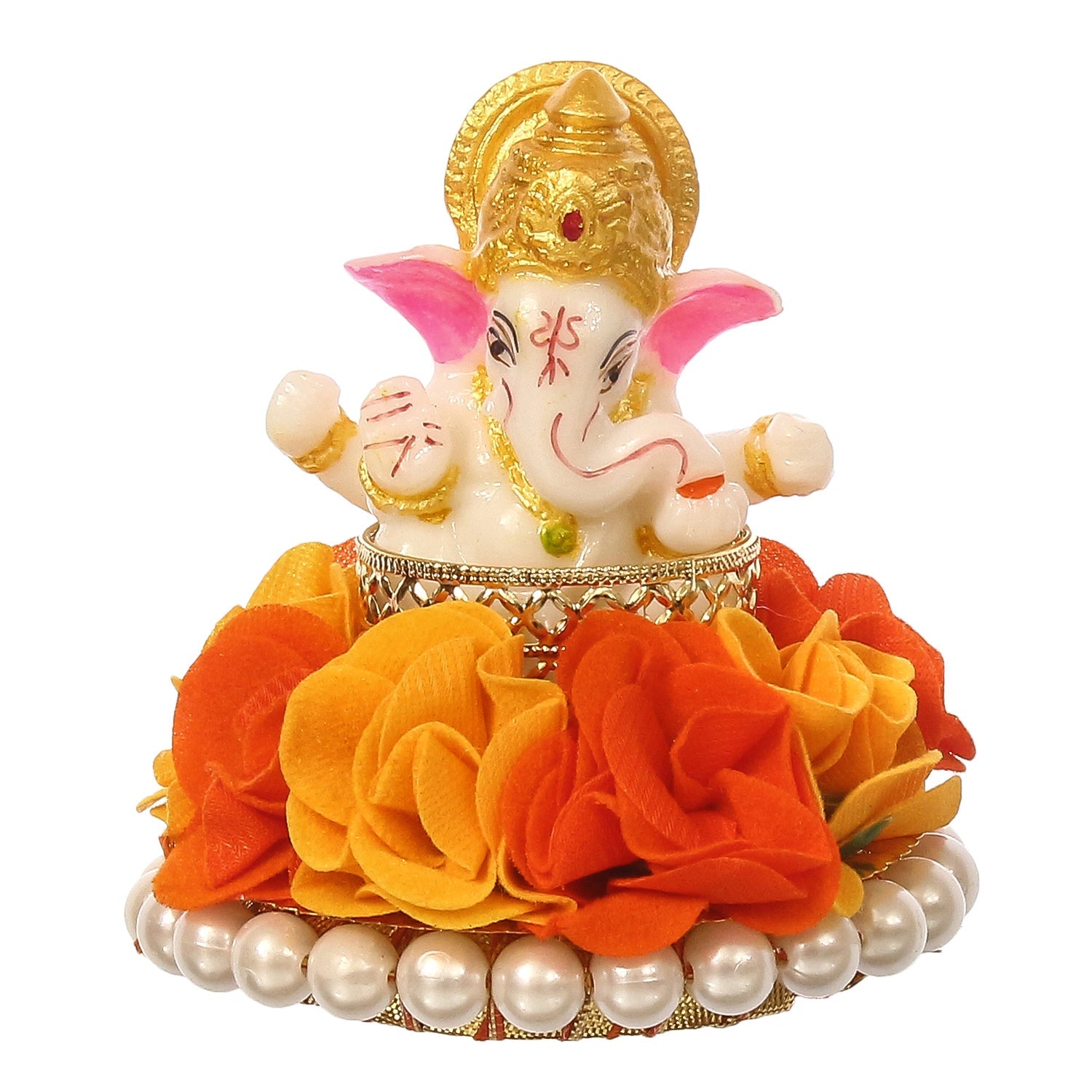 Lord Ganesha Idol On Decorative Handcrafted Orange And Yellow Flowers Plate Kafalo