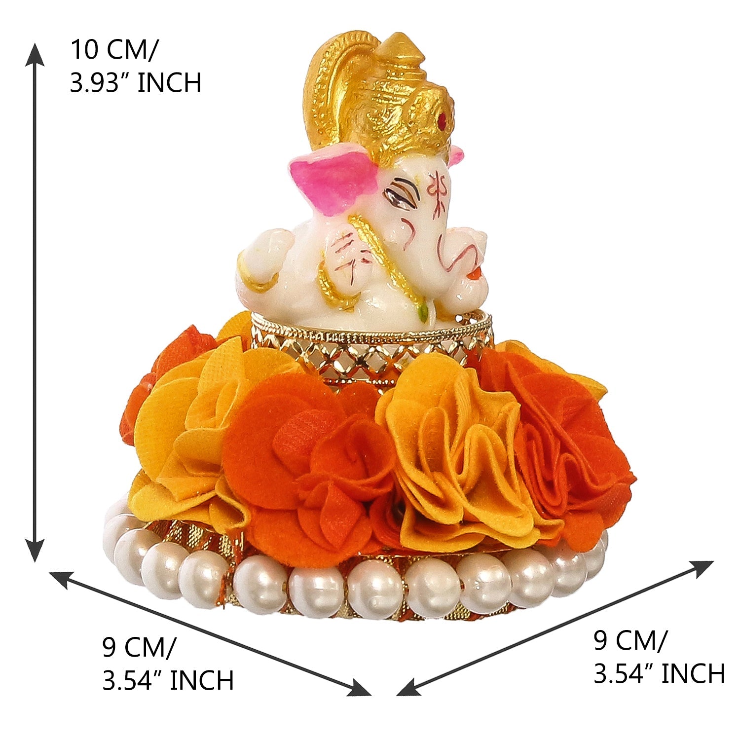 Lord Ganesha Idol On Decorative Handcrafted Orange And Yellow Flowers Plate Kafalo