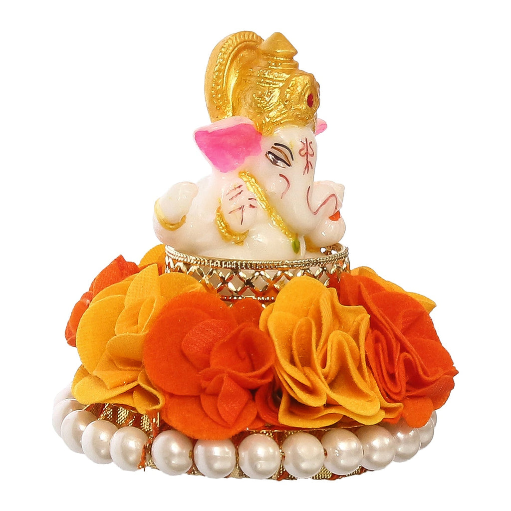 Lord Ganesha Idol On Decorative Handcrafted Orange And Yellow Flowers Plate Kafalo