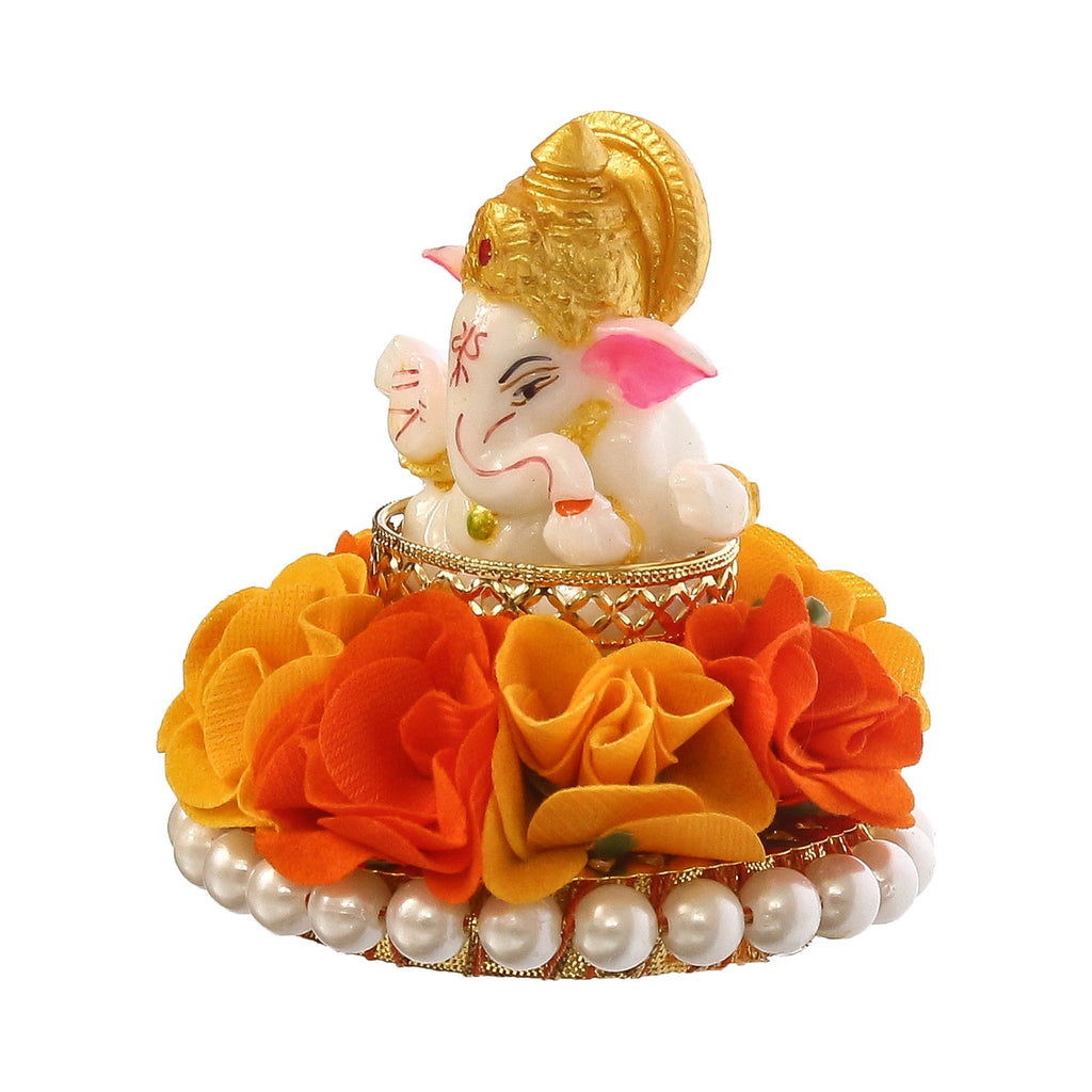 Lord Ganesha Idol On Decorative Handcrafted Orange And Yellow Flowers Plate Kafalo
