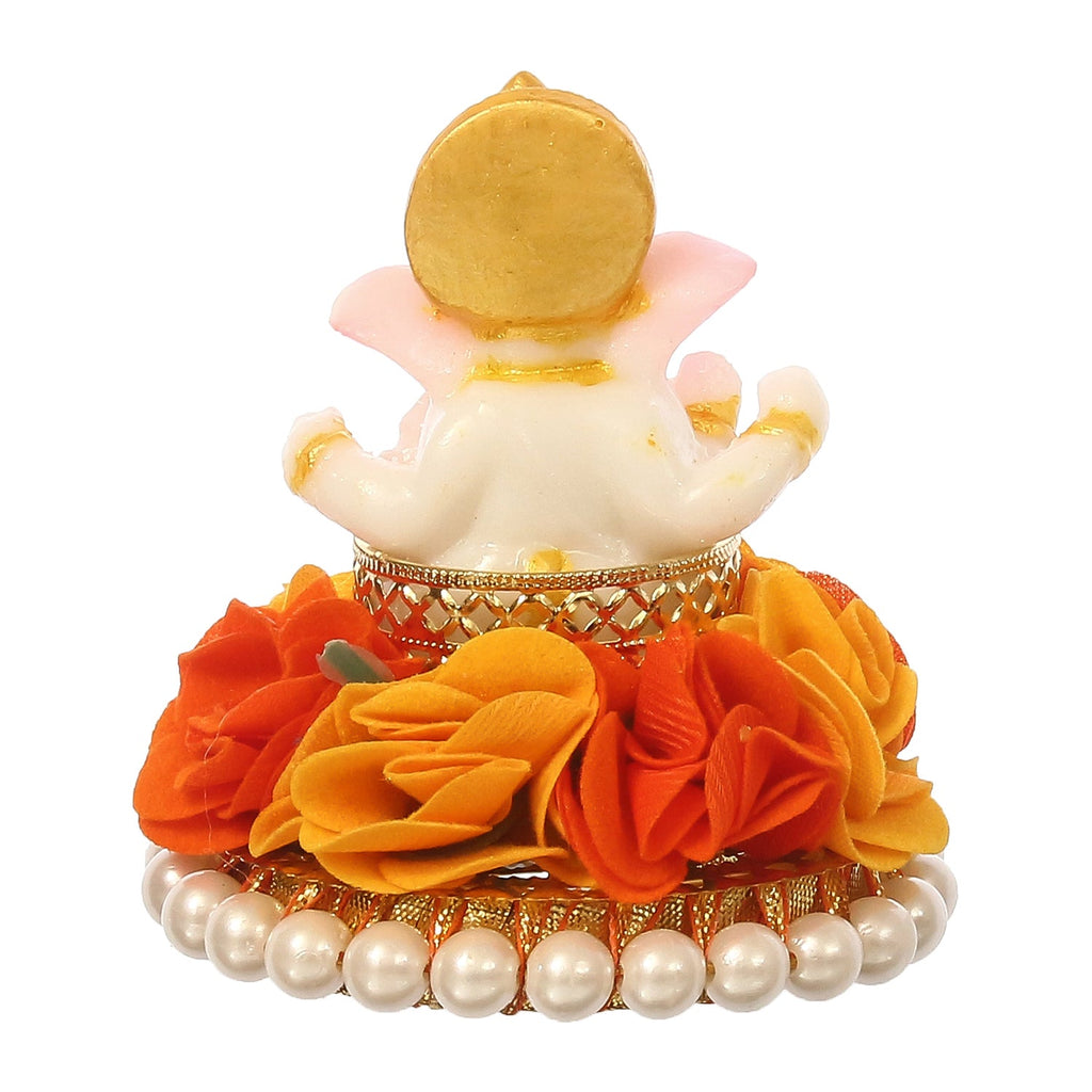 Lord Ganesha Idol On Decorative Handcrafted Orange And Yellow Flowers Plate Kafalo