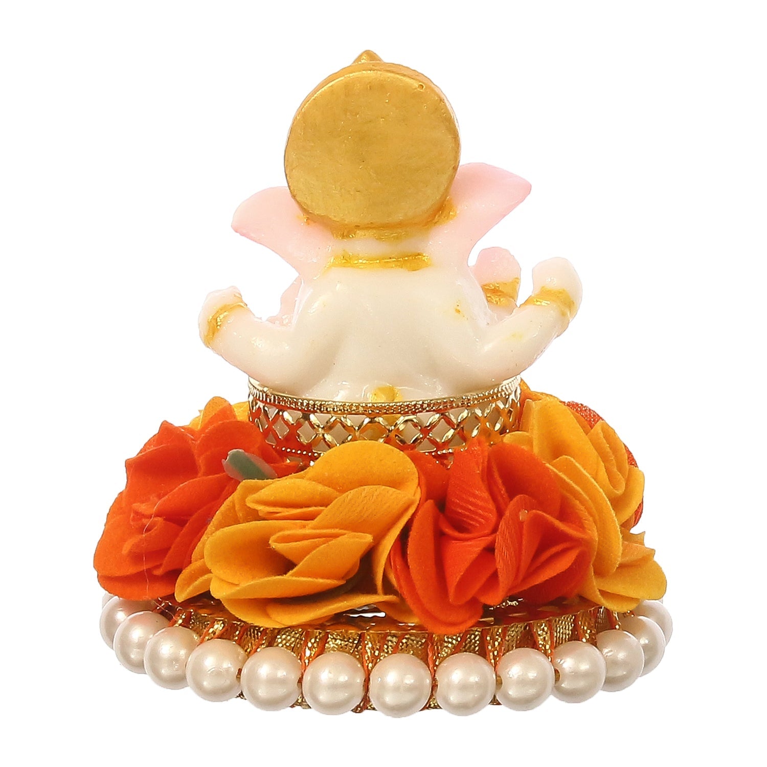 Lord Ganesha Idol On Decorative Handcrafted Orange And Yellow Flowers Plate Kafalo