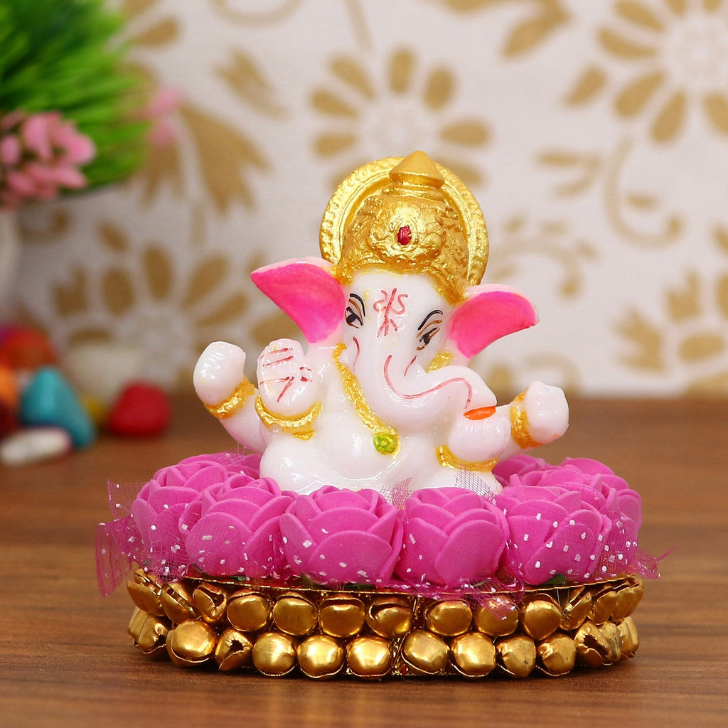 Polyresin Lord Ganesha Idol on Decorative Handcrafted Plate with Pink Flowers Kafalo