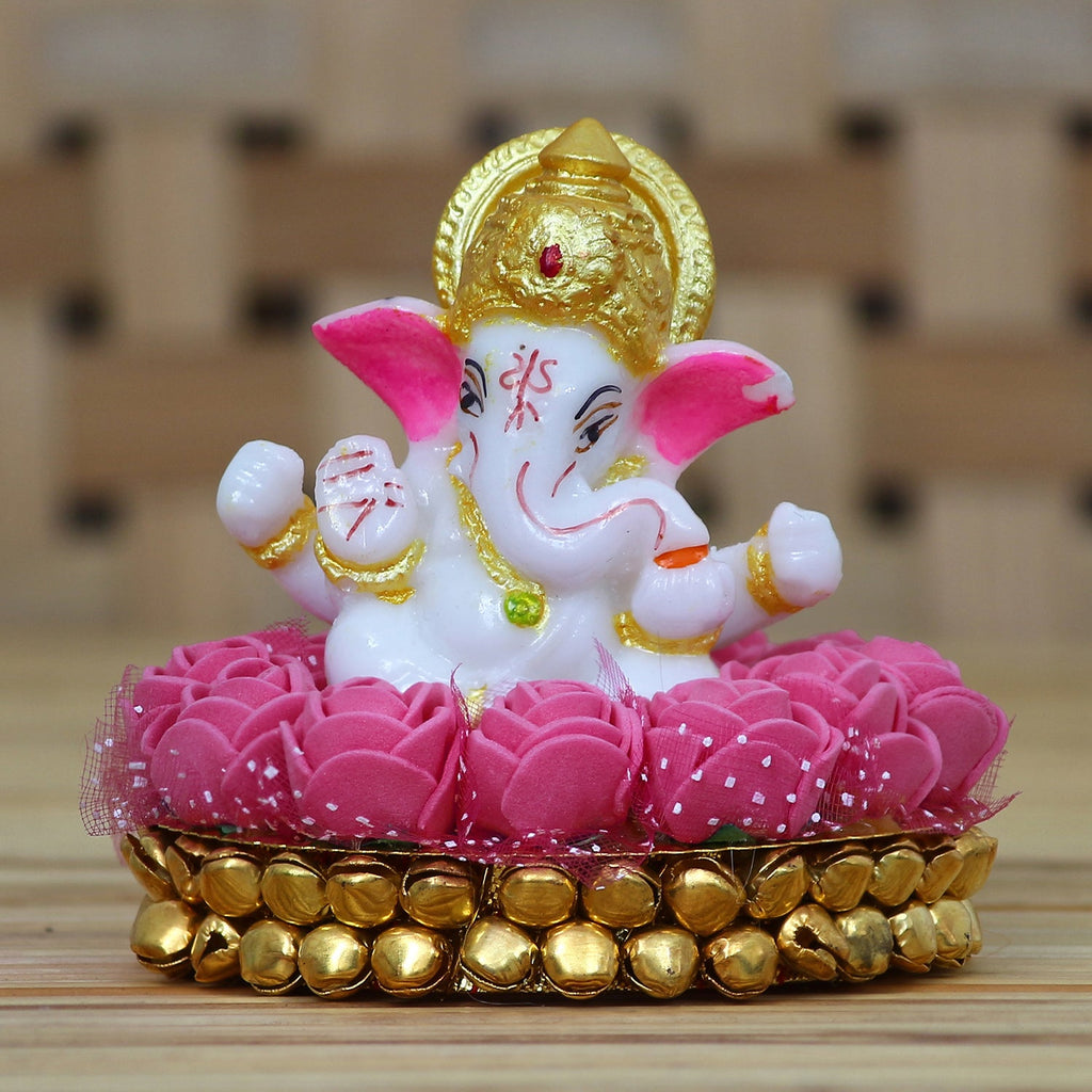 Polyresin Lord Ganesha Idol on Decorative Handcrafted Plate with Pink Flowers Kafalo
