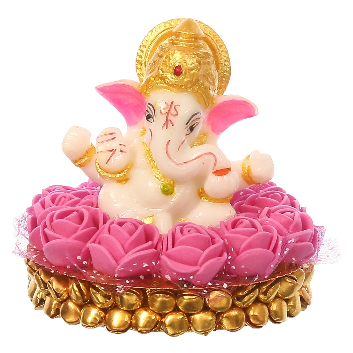 Polyresin Lord Ganesha Idol on Decorative Handcrafted Plate with Pink Flowers Kafalo