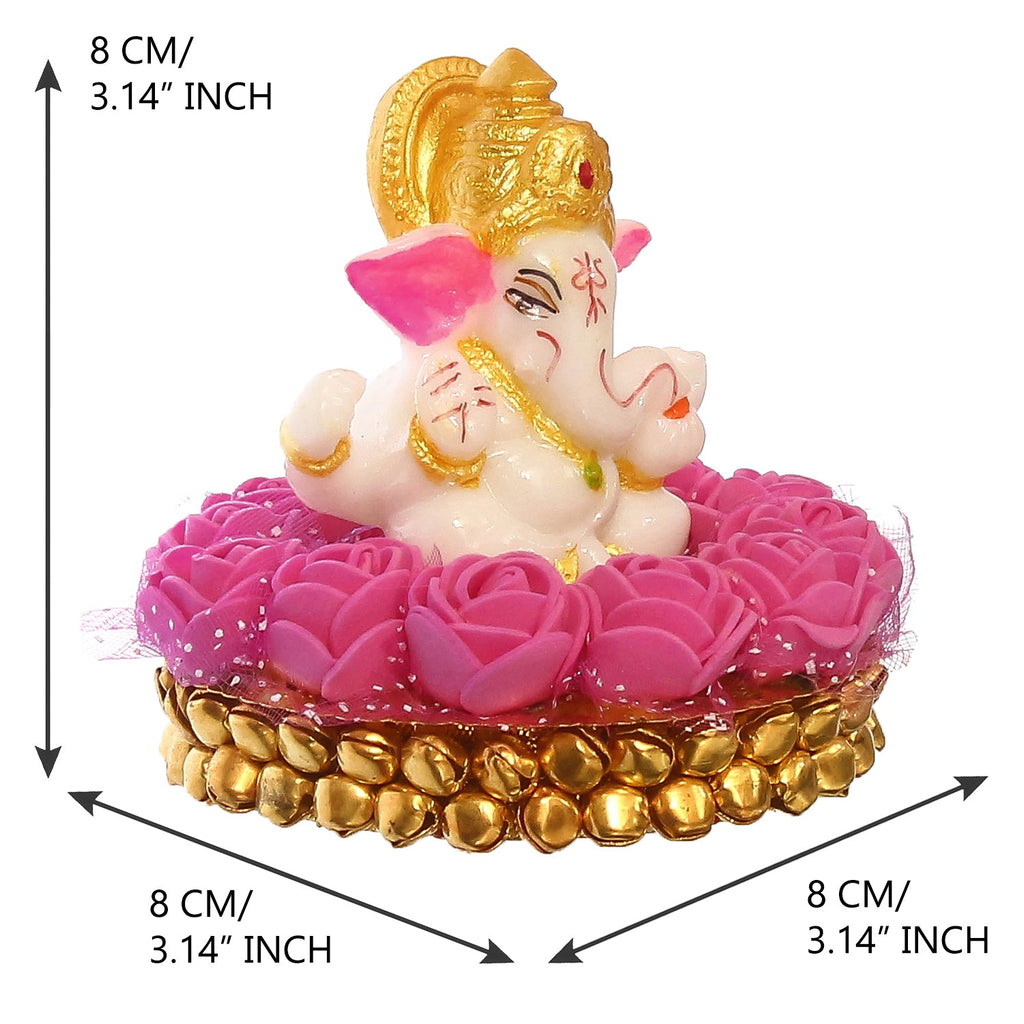 Polyresin Lord Ganesha Idol on Decorative Handcrafted Plate with Pink Flowers Kafalo