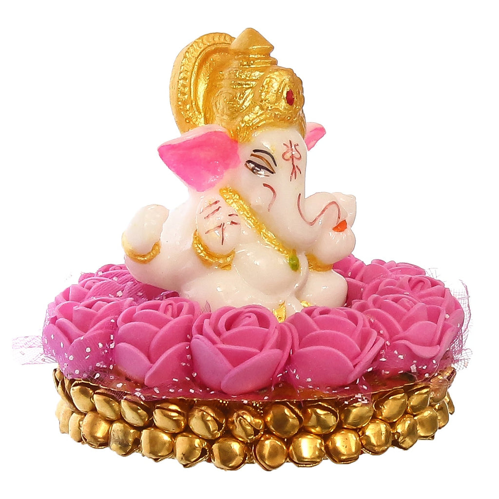 Polyresin Lord Ganesha Idol on Decorative Handcrafted Plate with Pink Flowers Kafalo