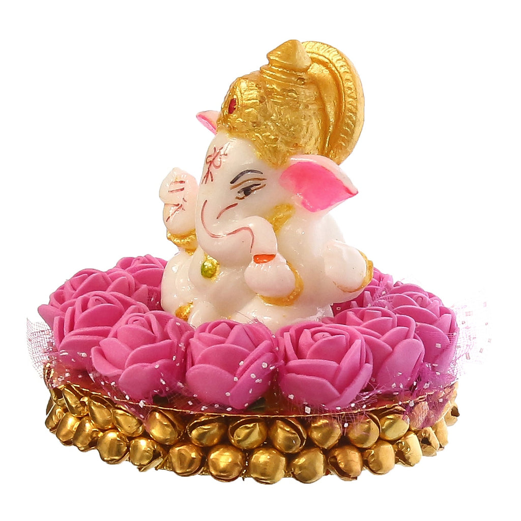 Polyresin Lord Ganesha Idol on Decorative Handcrafted Plate with Pink Flowers Kafalo