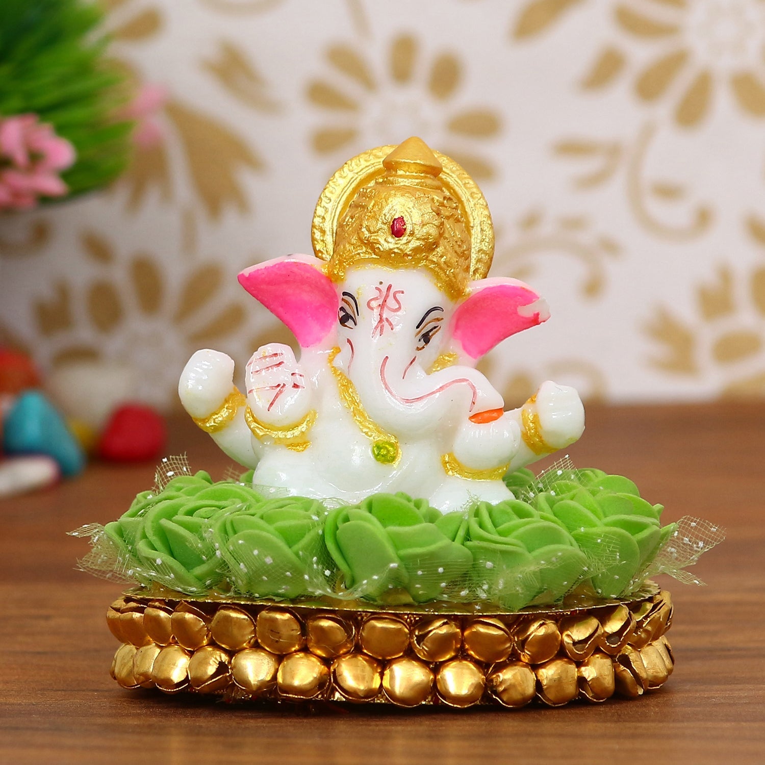 Lord Ganesha Idol on Decorative Handcrafted Plate with Green Flowers Kafalo