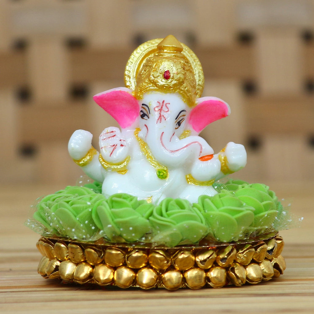 Lord Ganesha Idol on Decorative Handcrafted Plate with Green Flowers Kafalo