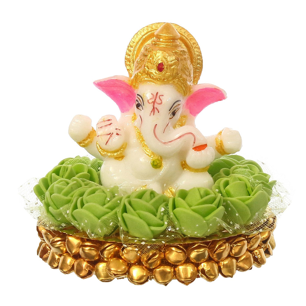 Lord Ganesha Idol on Decorative Handcrafted Plate with Green Flowers Kafalo