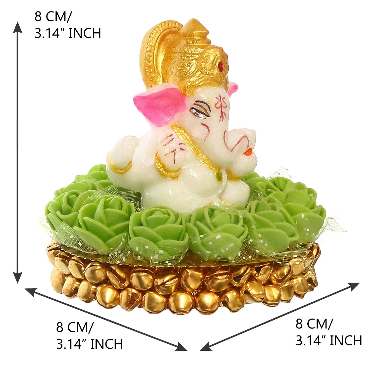 Lord Ganesha Idol on Decorative Handcrafted Plate with Green Flowers Kafalo